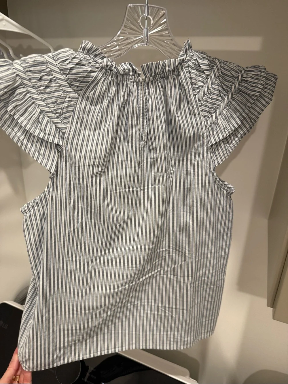 J. Crew Blue Stripe Ruffle Sleeve Top